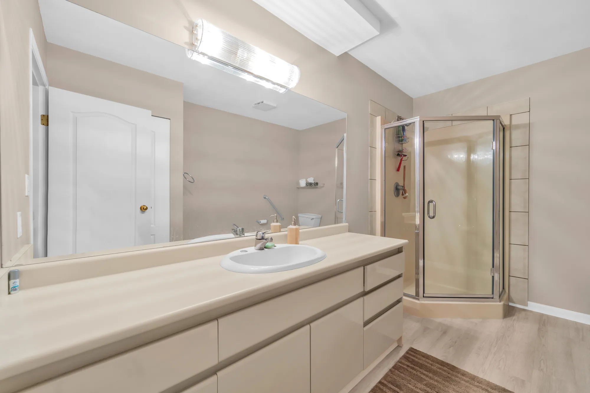 The lower bathroom: a long vanity with a wide mirror, a corner shower with a glass door