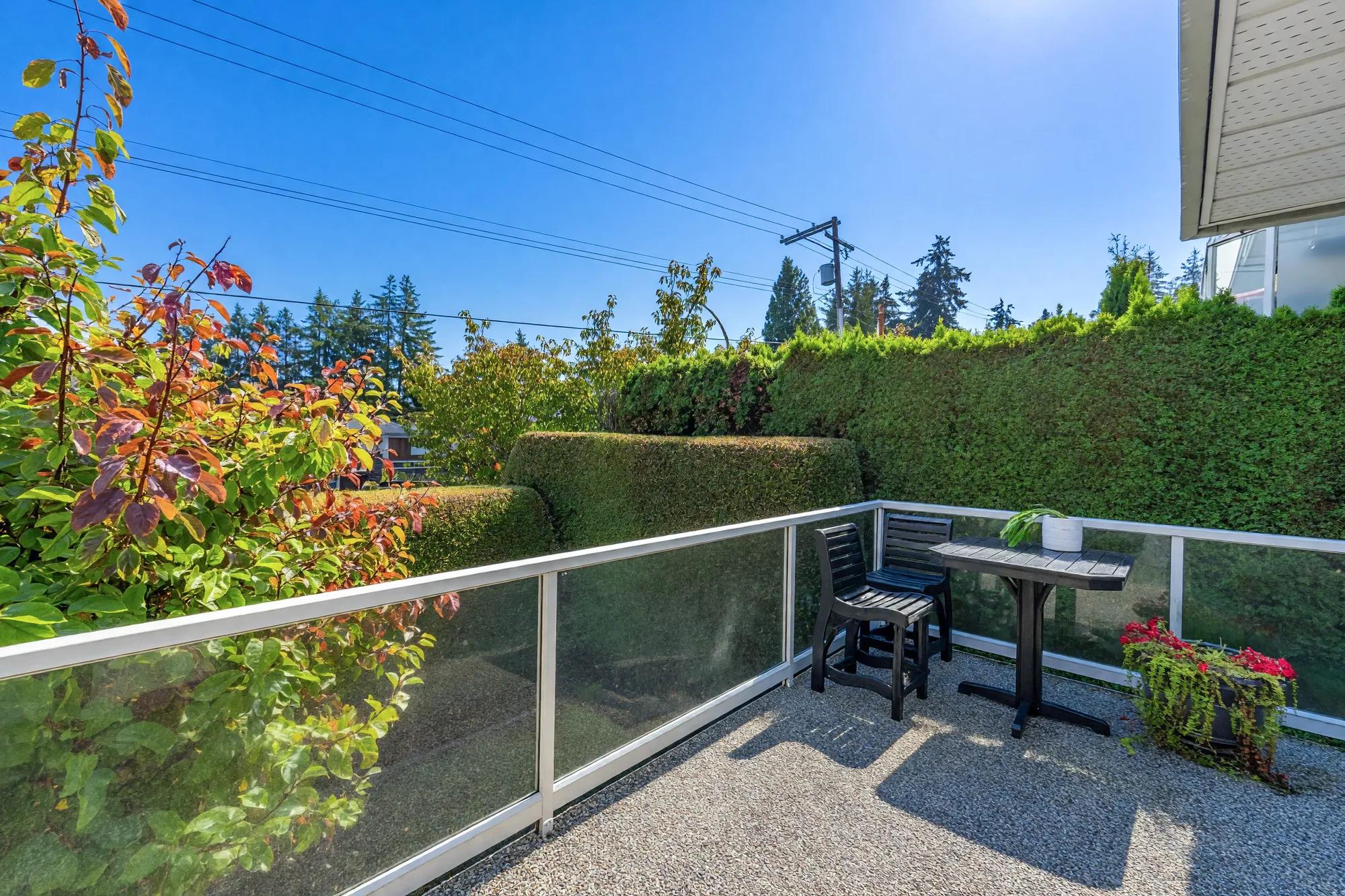 The deck: a dark table and two chairs on an aggregate surface behind glass railings, clipped hedges and trees beyond, red geraniums in a planter