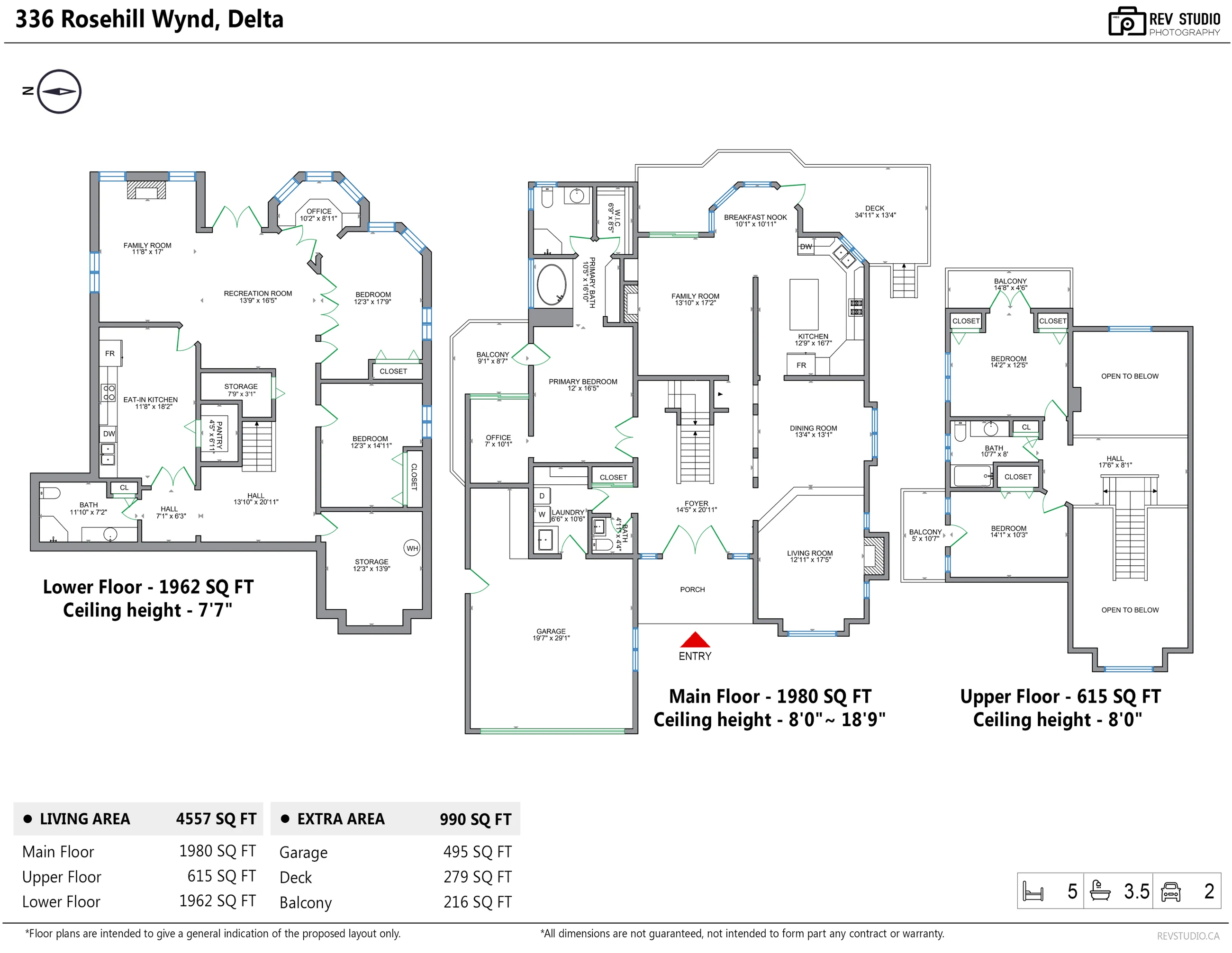 Floor plan of 336 Rosehill Wynd: the lower floor with an eat-in kitchen, a family room, a recreation room, two bedrooms, an office, a bathroom, halls, a pantry and storage; the main floor with the living room, the dining room, the kitchen, the breakfast nook, the family room, the primary bedroom with its bathroom, walk-in closet and office, the laundry, a powder room, the foyer, the garage, a deck and a balcony; the upper floor with two bedrooms, a bathroom, the hall open to below and two balconies