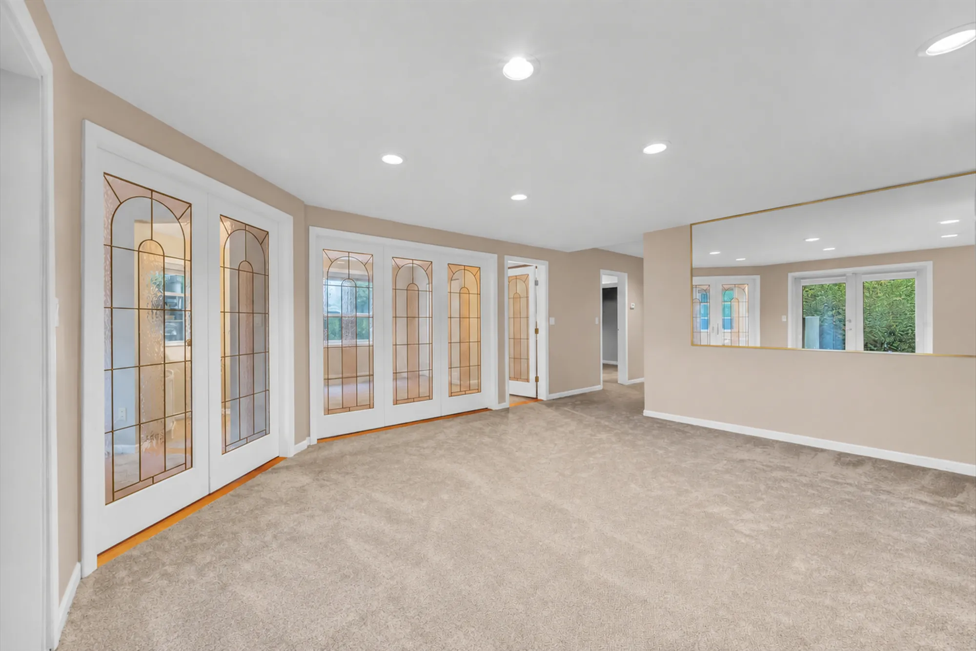 The recreation room shown empty: glass-panelled doors to a bedroom, a mirrored wall, windows, carpet